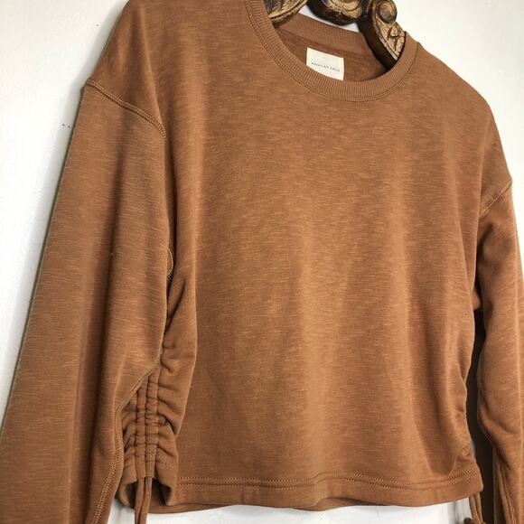 American Eagle Sweatshirt Tan Camel Crew Neck Pullover Cinch Sides Small - Picture 3 of 8
